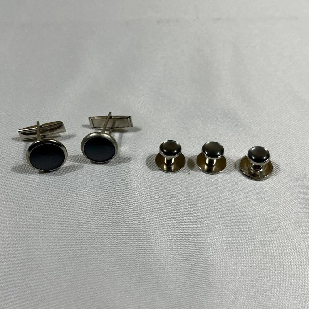 Cufflinks and Studs Set Men Silver Grey Formal Tuxedo Accessories